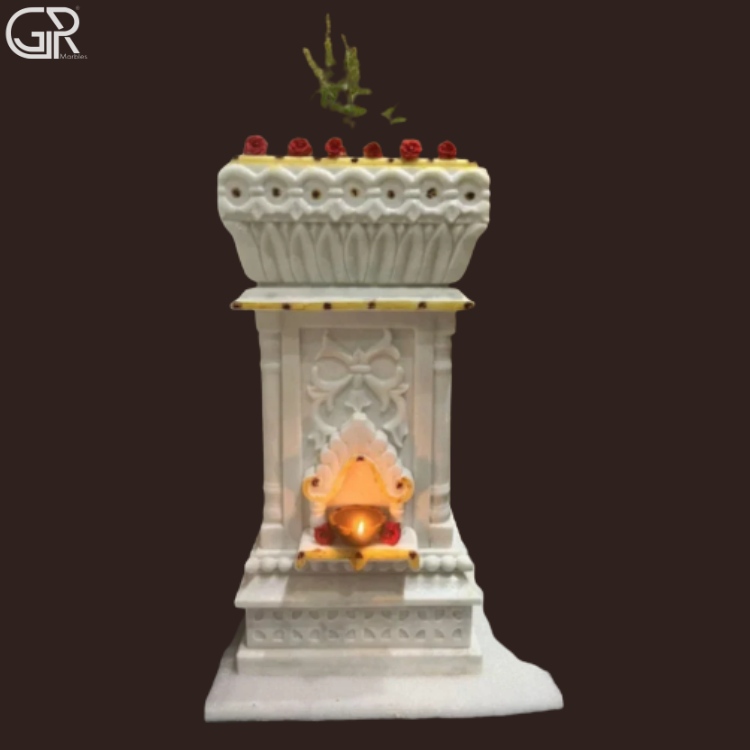 Decorative Marble Tulsi Stand - White Marble, 36 Inch Height, Floor Mount | Handcrafted, Intricate Floral Carving, Customized Engraving, Solid Pedestal Base