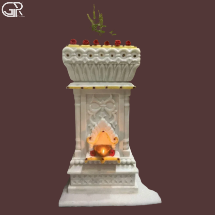 Decorative Marble Tulsi Stand - White Marble, 36 Inch Height, Floor Mount | Handcrafted, Intricate Floral Carving, Customized Engraving, Solid Pedestal Base
