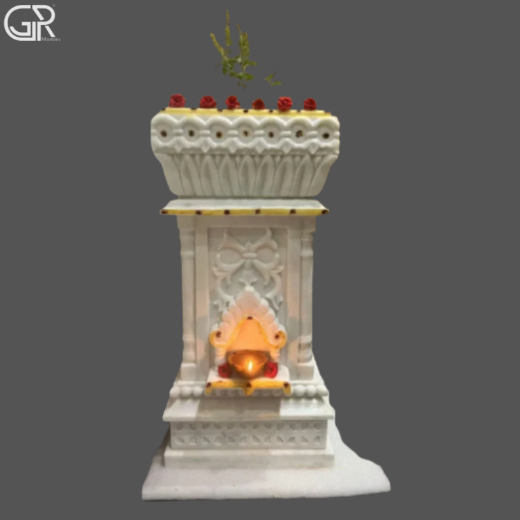 Decorative Marble Tulsi Stand - White Marble, 36 Inch Height, Floor Mount | Handcrafted, Intricate Floral Carving, Customized Engraving, Solid Pedestal Base