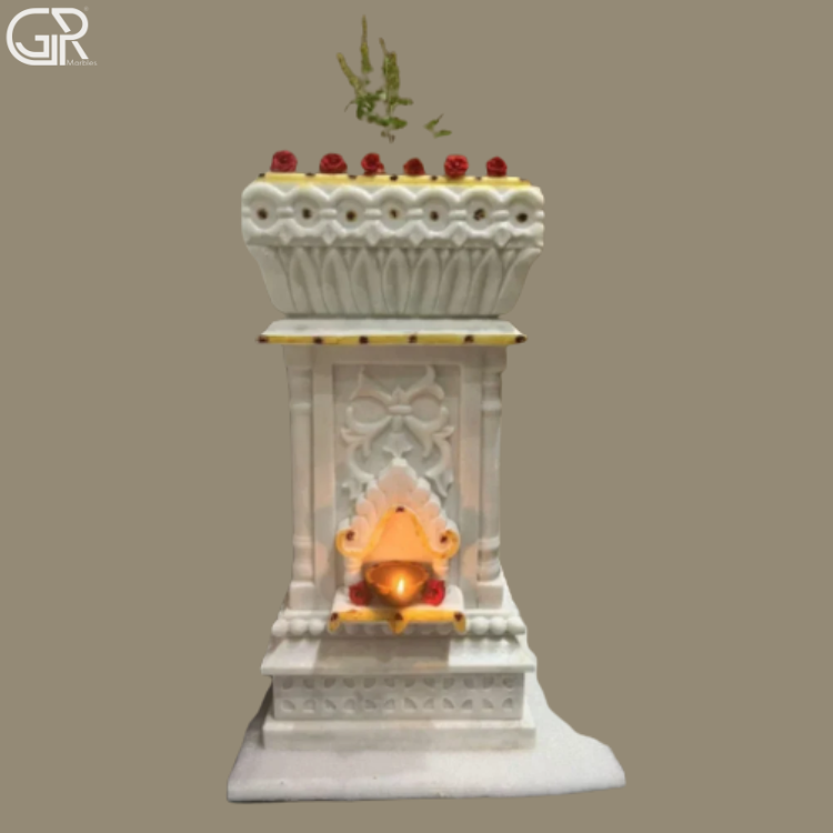 Decorative Marble Tulsi Stand - White Marble, 36 Inch Height, Floor Mount | Handcrafted, Intricate Floral Carving, Customized Engraving, Solid Pedestal Base