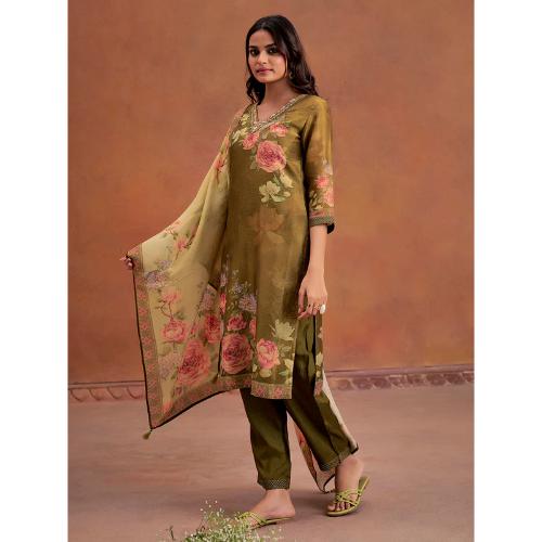 Mehendi Green Floral Printed Embroidered Kurta Set With Dupatta