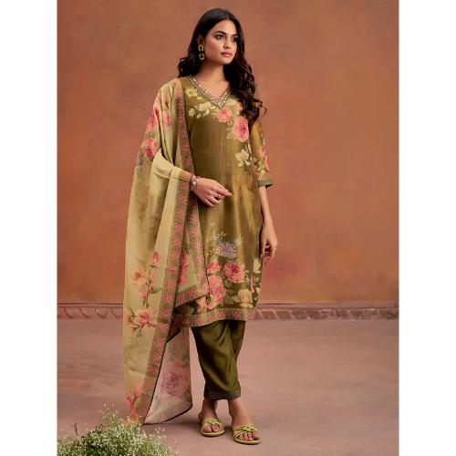 Mehendi Green Floral Printed Embroidered Kurta Set With Dupatta