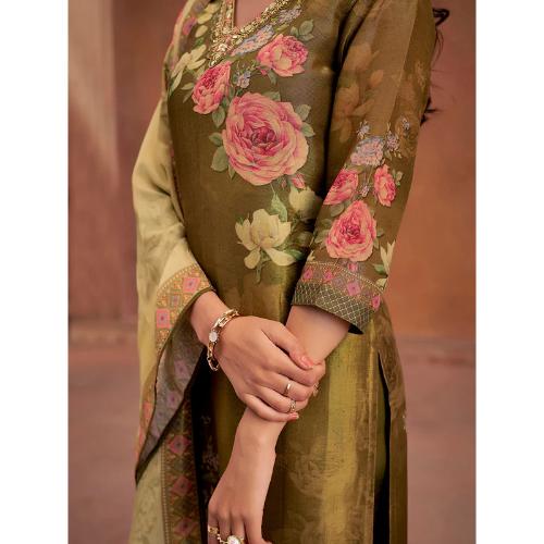 Mehendi Green Floral Printed Embroidered Kurta Set With Dupatta