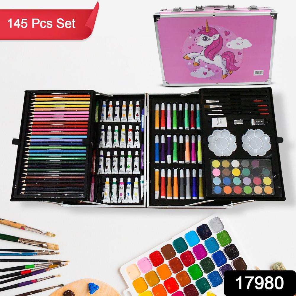 Professional Art Set Drawing Painting Sketching Coloring Kids Set All in 1 Art Case Perfect for Kids with Unicorn Design Case, Shading Crayons Oil Pastels Color Set Watercolor Cakes Paint Brush Sharpener Eraser (145 Pcs Set)