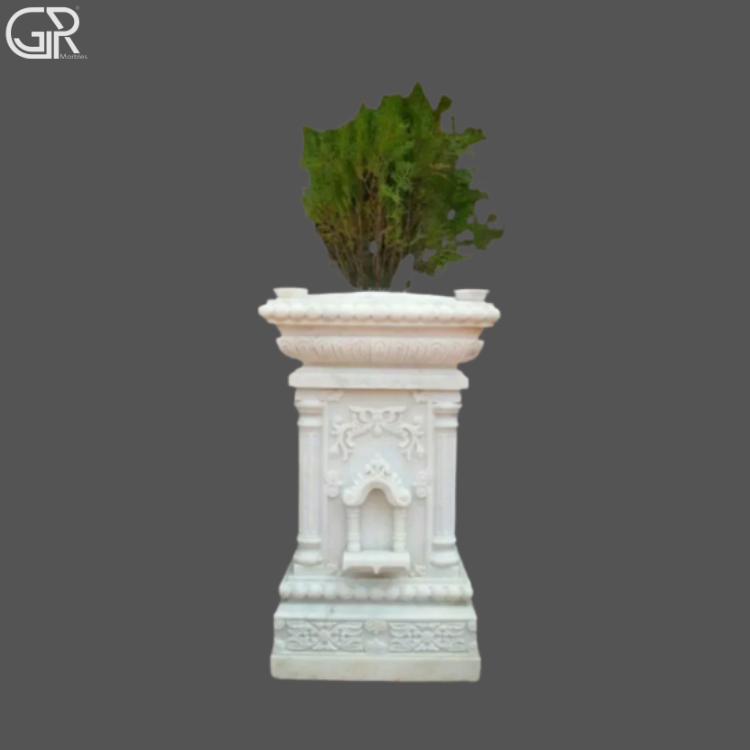 White Marble Tulsi Pot - Handcrafted Carved Makrana Marble, 36 Inch, White, Weather Resistant, Traditional Motif