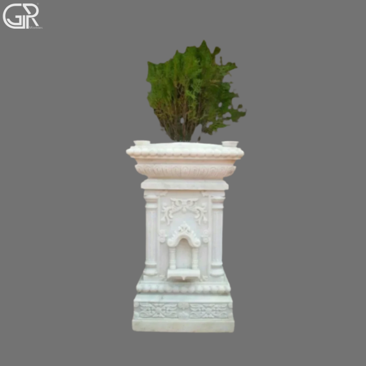 White Marble Tulsi Pot - Handcrafted Carved Makrana Marble, 36 Inch, White, Weather Resistant, Traditional Motif