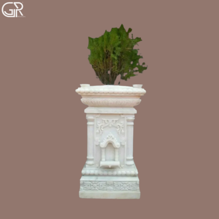White Marble Tulsi Pot - Handcrafted Carved Makrana Marble, 36 Inch, White, Weather Resistant, Traditional Motif