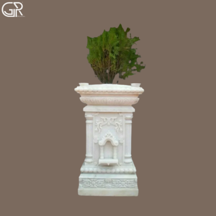 White Marble Tulsi Pot - Handcrafted Carved Makrana Marble, 36 Inch, White, Weather Resistant, Traditional Motif