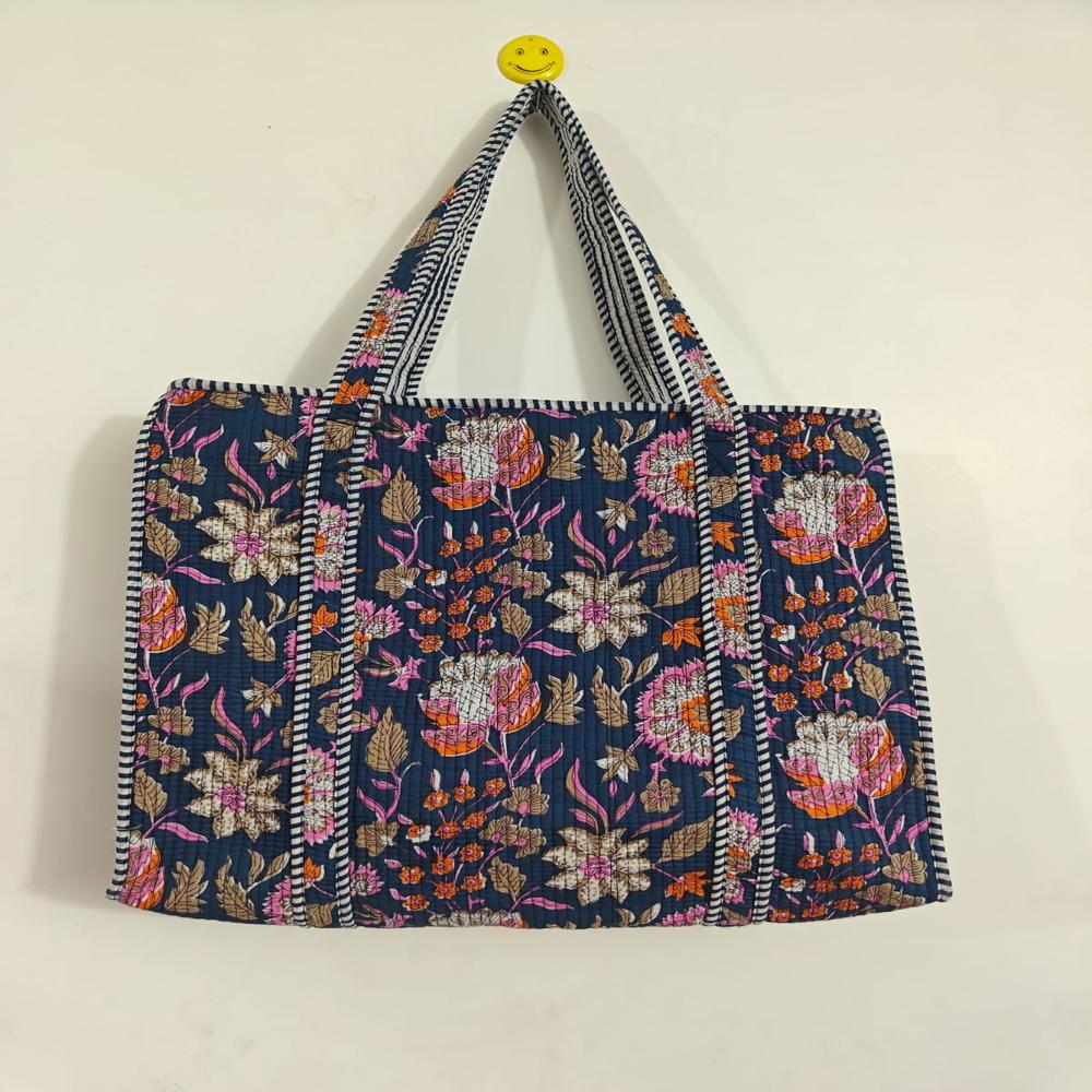 Home Styling Block Print Quilted Tote Bags with Zip