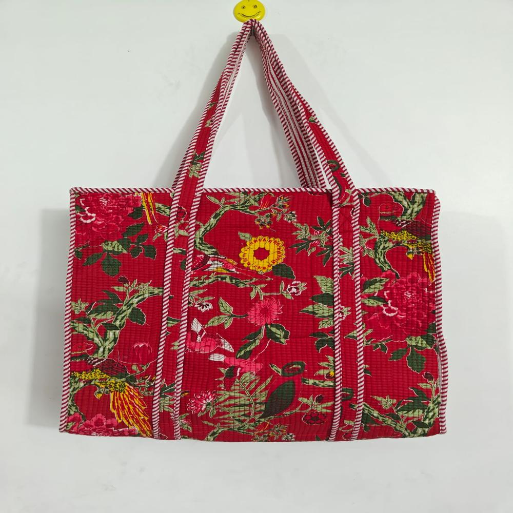 Home Styling Block Print Quilted Tote Bags with Zip