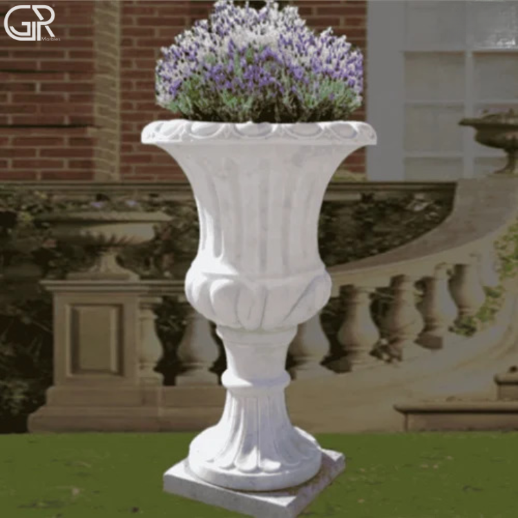 White Marble Flower Pot - Makrana White Marble, 2 Ft Height X 150 Mm Diameter, Glossy Polished | Smooth Rim, Sturdy Flat Base, Weather Resistant