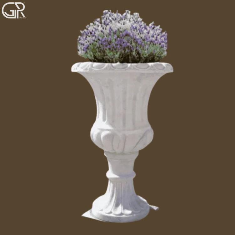 White Marble Flower Pot - Makrana White Marble, 2 Ft Height X 150 Mm Diameter, Glossy Polished | Smooth Rim, Sturdy Flat Base, Weather Resistant