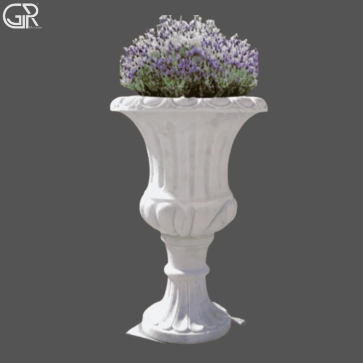 White Marble Flower Pot - Makrana White Marble, 2 Ft Height X 150 Mm Diameter, Glossy Polished | Smooth Rim, Sturdy Flat Base, Weather Resistant