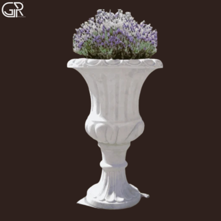 White Marble Flower Pot - Makrana White Marble, 2 Ft Height X 150 Mm Diameter, Glossy Polished | Smooth Rim, Sturdy Flat Base, Weather Resistant