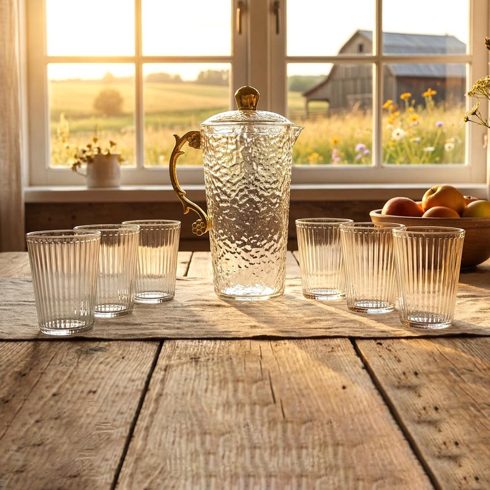 Elegant Textured Glass Water Jug With 6 Glasses Set (1 Set) - Color: Mix