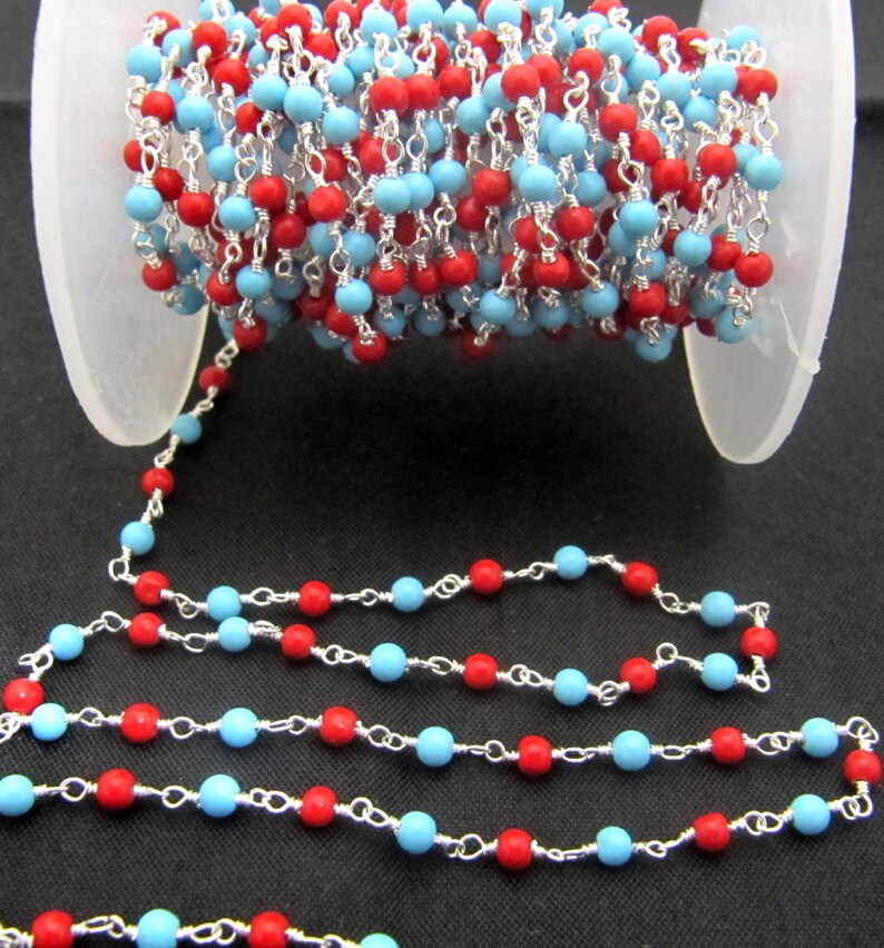 3 Feet-Coral and Turquoise Quartz Plain Smooth Round 3mm ball shape beaded Wire Wrapped Chain