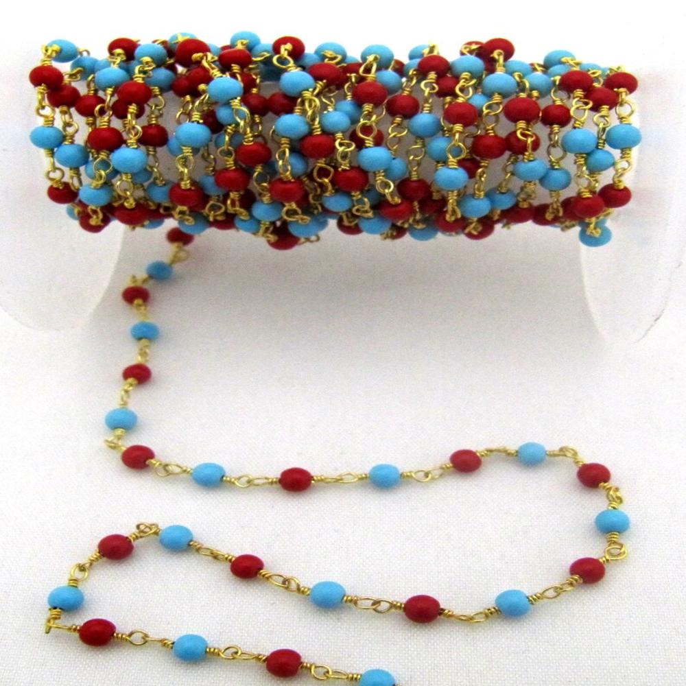 3 Feet-Coral and Turquoise Quartz Plain Smooth Round 3mm ball shape beaded Wire Wrapped Chain