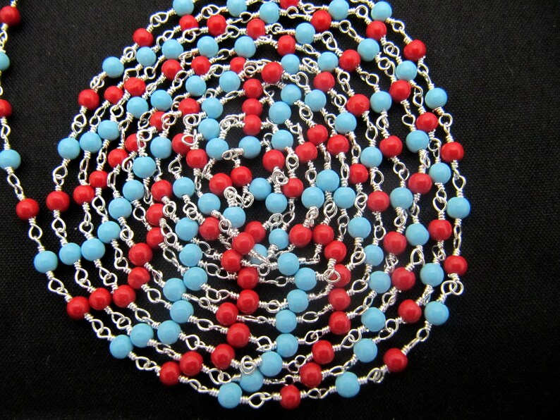 3 Feet-Coral and Turquoise Quartz Plain Smooth Round 3mm ball shape beaded Wire Wrapped Chain