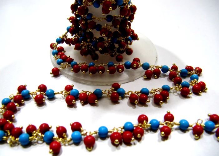 Smooth Coral Turquoise Plain Round Ball Beaded 3mm Cluster Dangling Wire Wrapped Chain