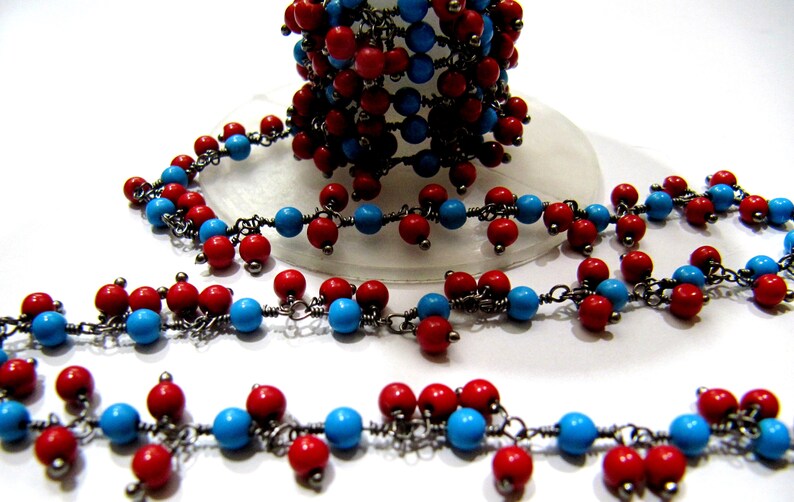 Smooth Coral Turquoise Plain Round Ball Beaded 3mm Cluster Dangling Wire Wrapped Chain