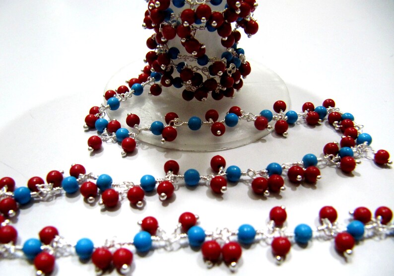 Smooth Coral Turquoise Plain Round Ball Beaded 3mm Cluster Dangling Wire Wrapped Chain