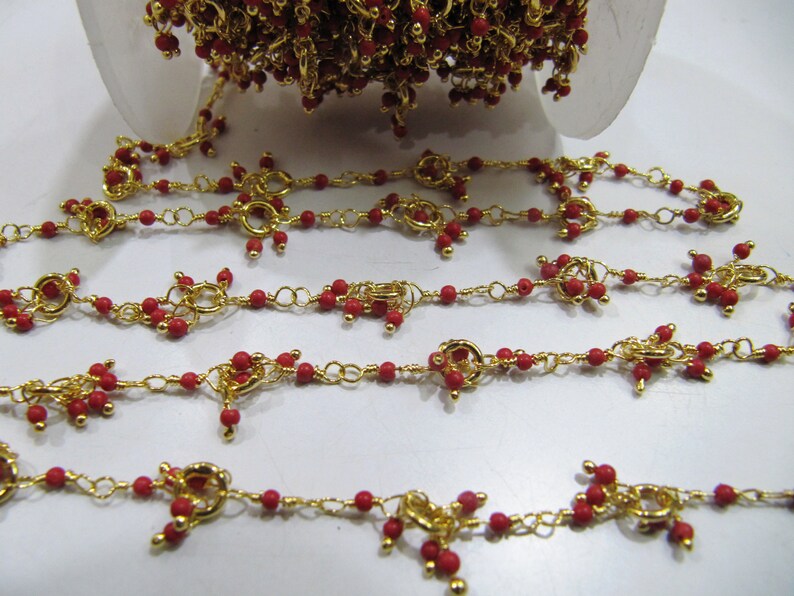 Red Coral Hydro Quartz Beaded Chain: 2mm Round, Wire Wrapped - 3ft