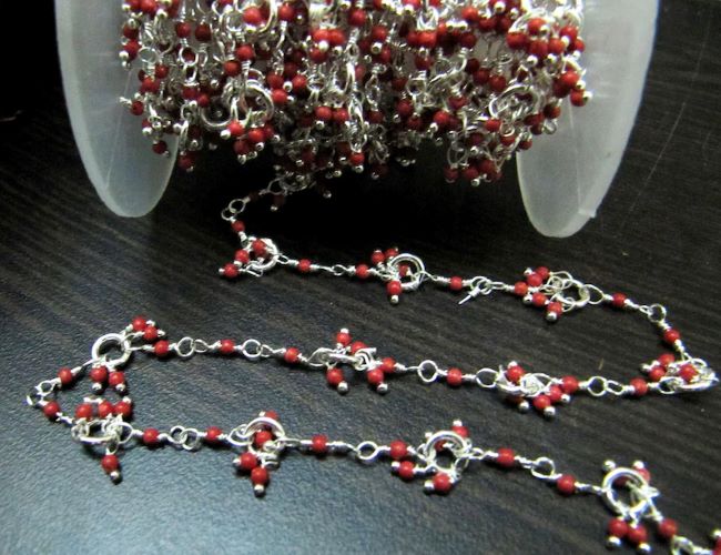 Red Coral Hydro Quartz Beaded Chain: 2mm Round, Wire Wrapped - 3ft