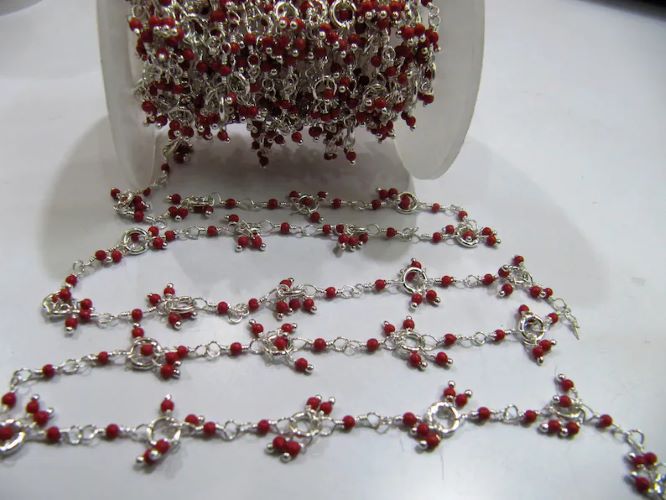 Red Coral Hydro Quartz Beaded Chain: 2mm Round, Wire Wrapped - 3ft