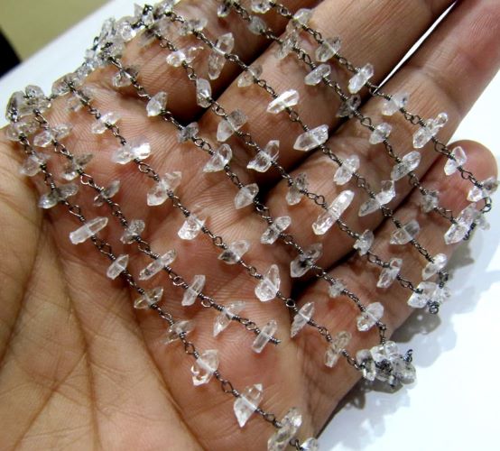 1 Foot -: Natural Herkimer Diamond Quartz irregular Rough Chip 5 to 8mm Beaded Wire Wrapped Rosary Chain