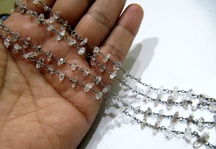 1 Foot -: Natural Herkimer Diamond Quartz irregular Rough Chip 5 to 8mm Beaded Wire Wrapped Rosary Chain