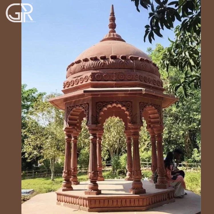 Red Sandstone Gazebo - Hexagonal Hand-carved Sandstone, Matte Finish | Classic Indian Style, 6-seater, Weather-resistant
