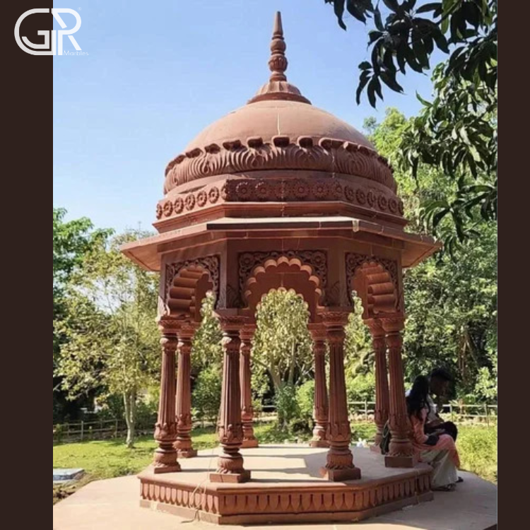 Red Sandstone Gazebo - Hexagonal Hand-carved Sandstone, Matte Finish | Classic Indian Style, 6-seater, Weather-resistant