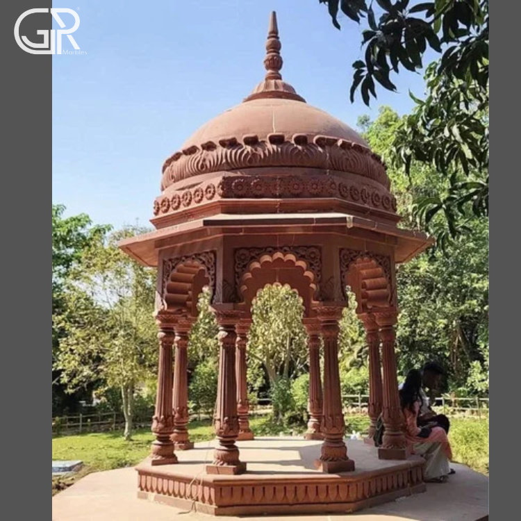 Red Sandstone Gazebo - Hexagonal Hand-carved Sandstone, Matte Finish | Classic Indian Style, 6-seater, Weather-resistant