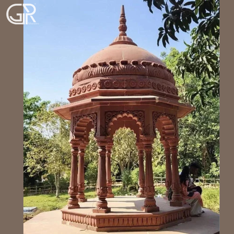 Red Sandstone Gazebo - Hexagonal Hand-carved Sandstone, Matte Finish | Classic Indian Style, 6-seater, Weather-resistant