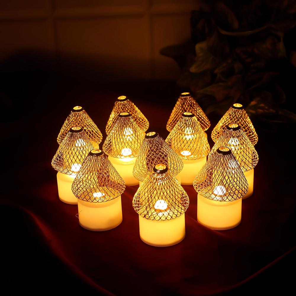 Set Of 12 Decorative Led Flameless Candle Lights With Golden Net Cover - Color: Mix