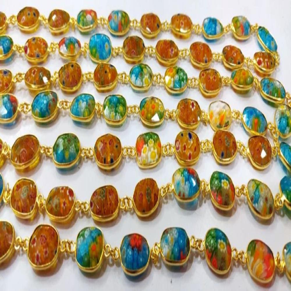 Crystal Quartz Flower Design Multi Color Free Shape 12 to 15mm Briolette Connector Bezel Chain