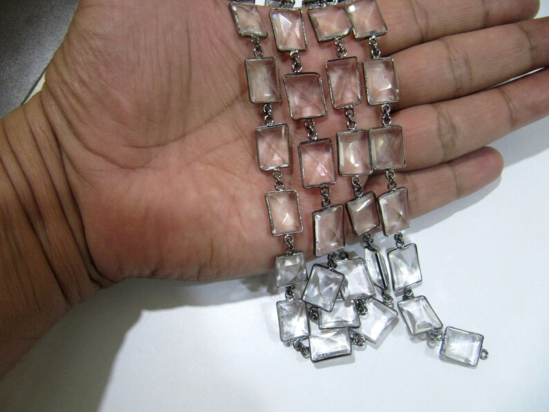 Natural Rock Crystal Laser Cut Uneven Free Shape 14 to 15mm Connector Bezel Chain Sold Per Foot