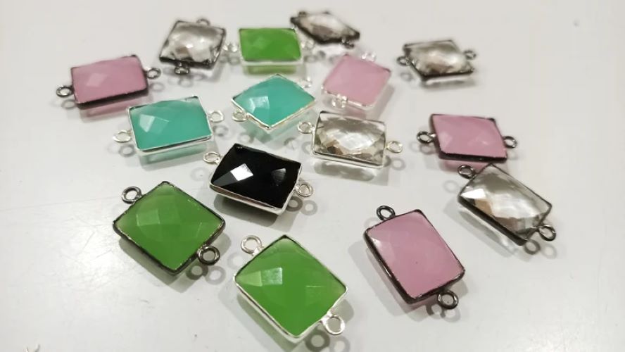 Natural Multi Gemstone Rectangle Shape 12x14mm Double Loop Bezel Connector Charms