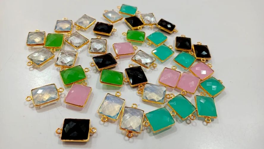 Natural Multi Gemstone Rectangle Shape 12x14mm Double Loop Bezel Connector Charms 