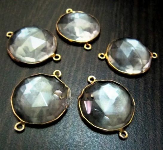 2Pcs Set Natural Rock Crystal Coin Shape 18Mm Briolette Connector Genuine Crystal Quartz Bezel Connector - Color: White