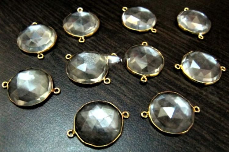 2Pcs Set Natural Rock Crystal Coin Shape 18mm Briolette Connector Genuine Crystal Quartz Bezel Connector