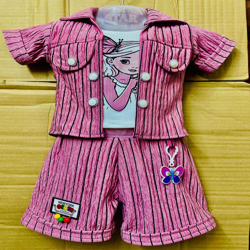 Stylish Girls' Striped Shrug, Graphic Inner Tee, and Shorts 3-Piece Co-ord Set