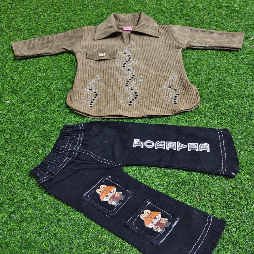 Designer Brown Embellished Shirt and Black 'Forever' Printed Denim Set