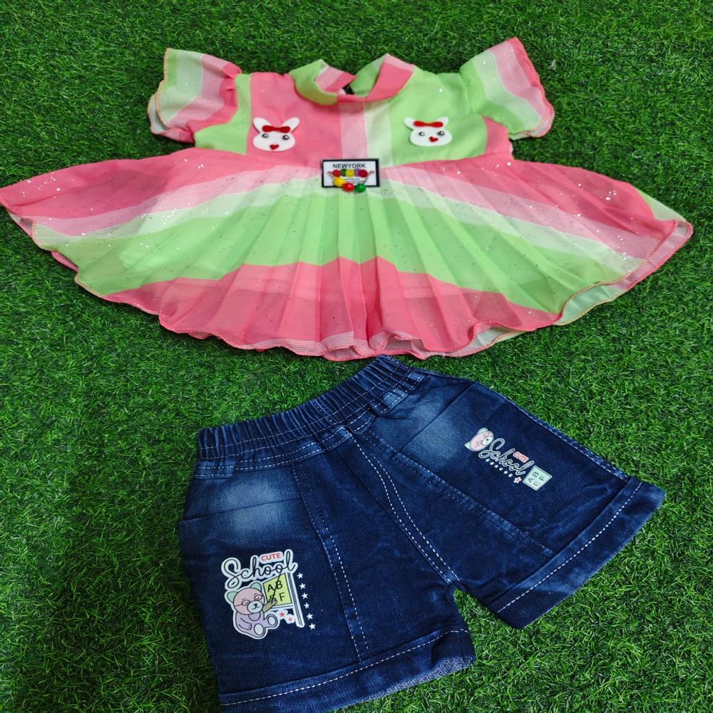 Girls' Stylish Multi-Coloured Pleated Frock and Denim Shorts Set