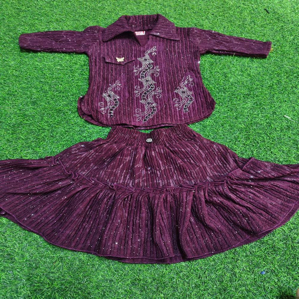 Stylish Girls Embroidered Top and Crushed Skirt Set