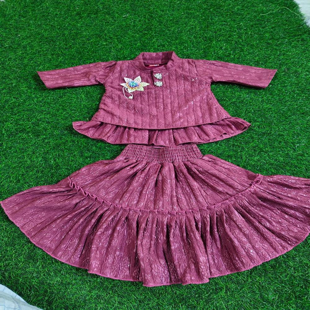 Stylish Girls Embroidered Top and Crushed Skirt Set