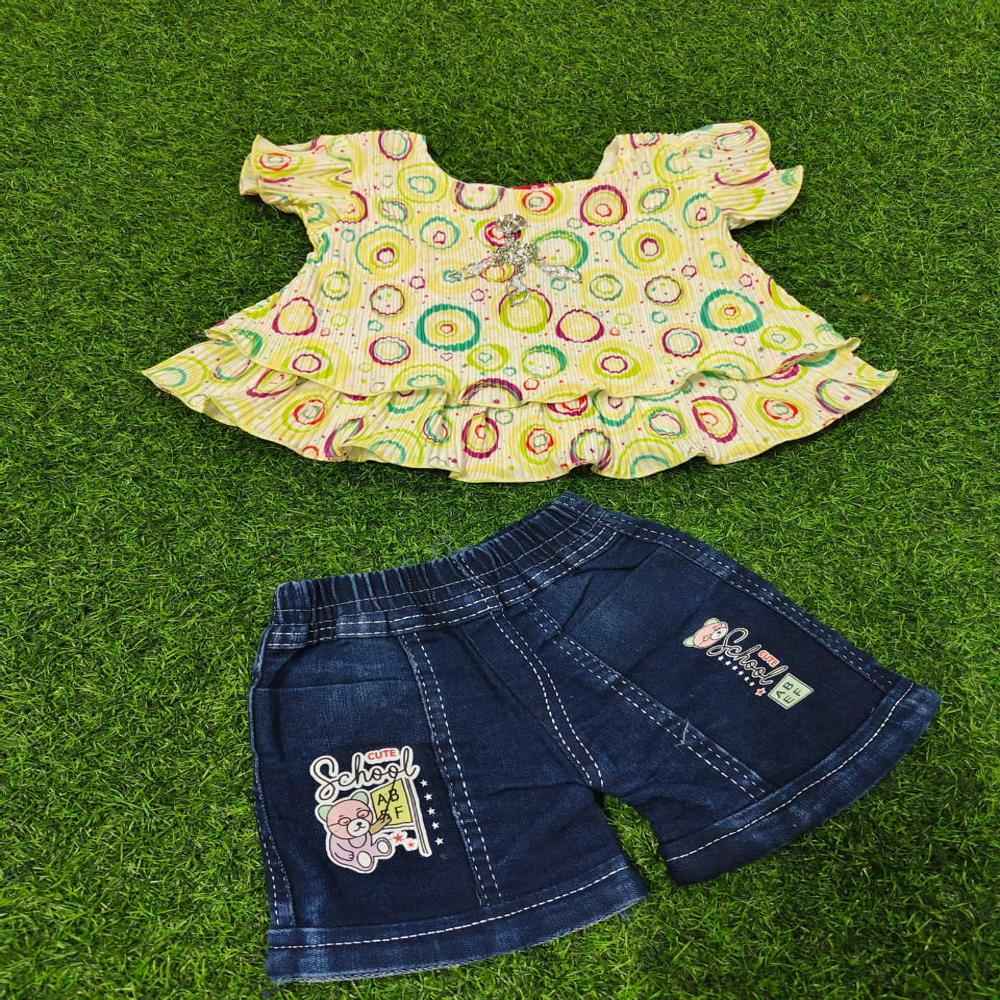 Girls' Summer Printed Ruffle Top And Denim Shorts Co-ord Set