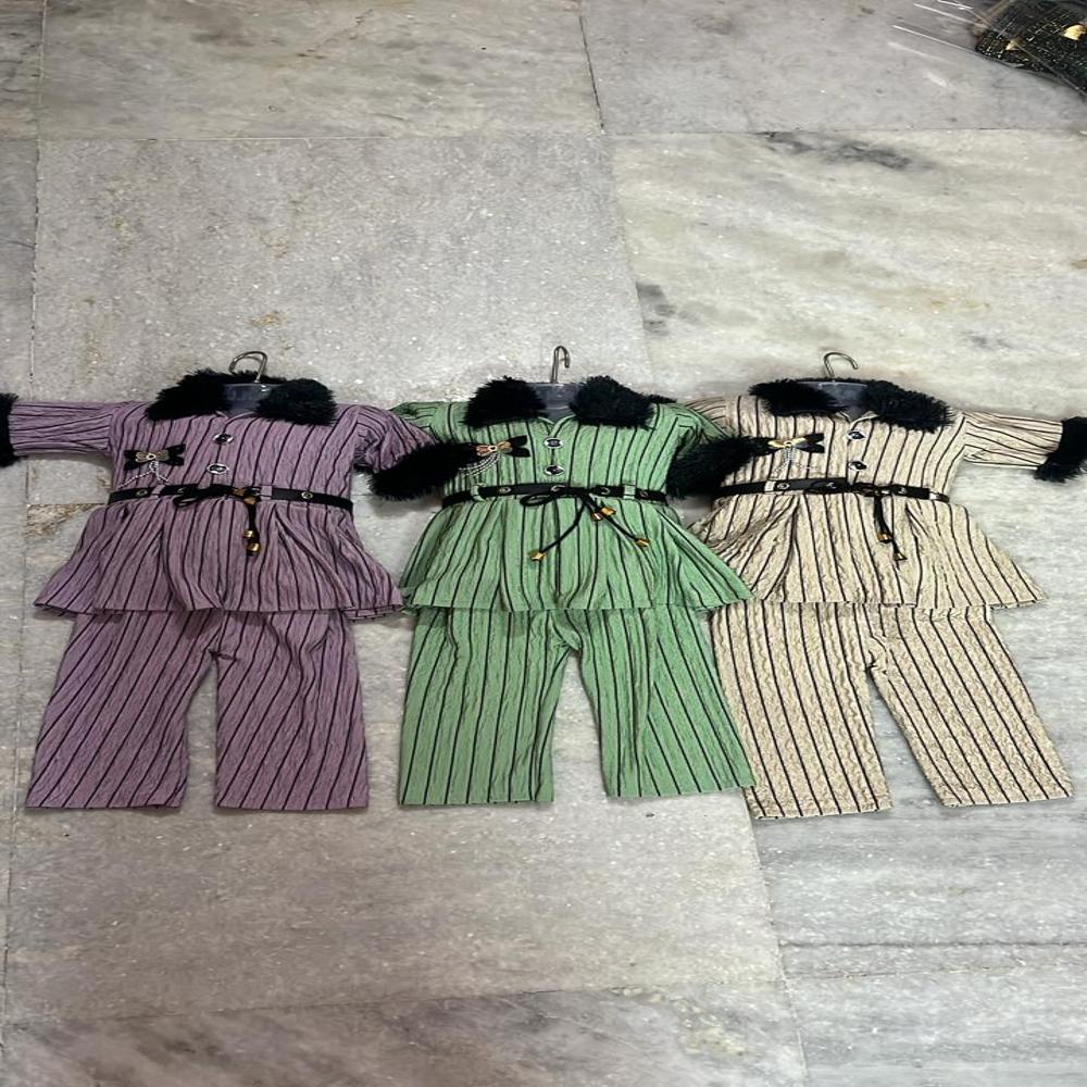 Girls Stylish Striped Top & Pant Co-Ord Set with Fur Collar