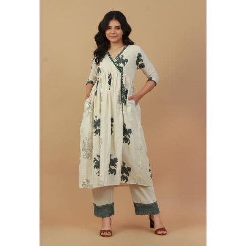 Hand Block Printed Angrakha Kurta with Lace Details and Straight Pants