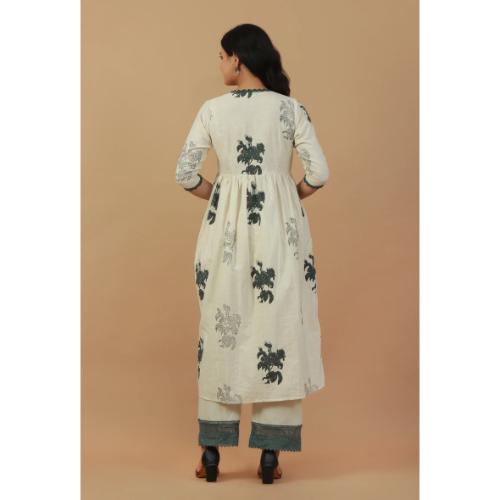 Hand Block Printed Angrakha Kurta with Lace Details and Straight Pants